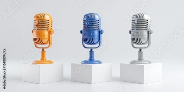 Fototapeta Three vintage-style microphones, orange, blue, and silver, sit atop white cubes against a white background