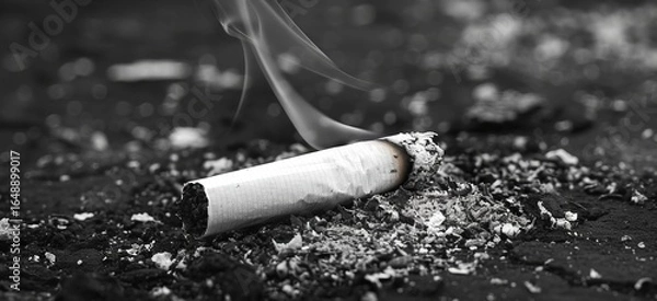 Fototapeta Close-Up of a Smoking Cigarette Butt in Black and White with Ashes on the Ground Concept of Smoking, Environmental Pollution, Health Risks, Anti-Smoking Awareness