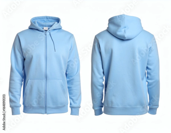 Fototapeta Light blue hoodie with a zipper, front and back view, isolated on white background.