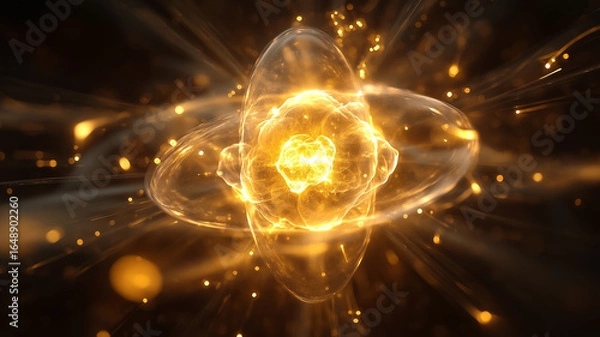 Fototapeta Golden energy core atom nucleus abstract background concept
