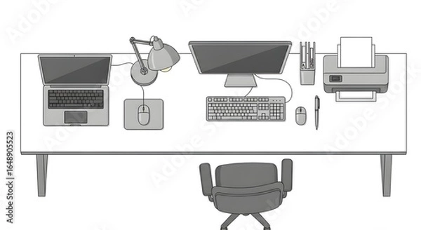 Fototapeta Overhead View of Modern Office Desk with Computer and Laptop.