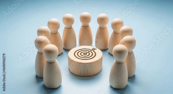 Fototapeta Team collaborates around target symbol representing shared goals and strategic focus in business