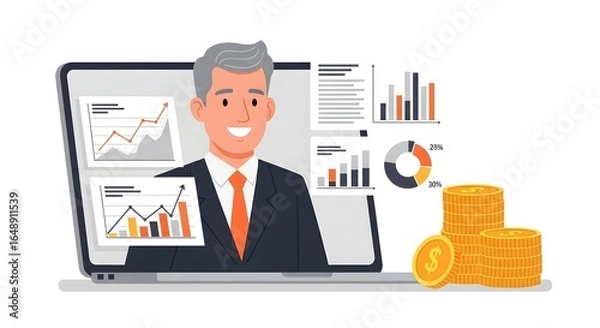 Fototapeta Businessman Presenting Financial Data on Laptop Screen with Coins.