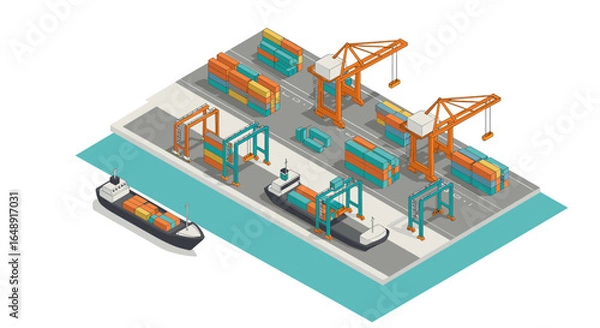Fototapeta Isometric shipping port with cargo ships and cranes in vibrant colors