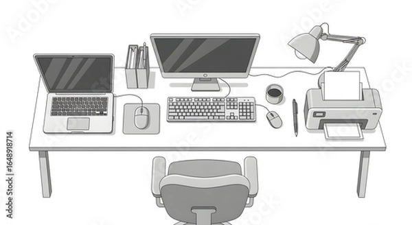 Fototapeta Monochrome Office Desk with Laptop, Computer, and Printer.