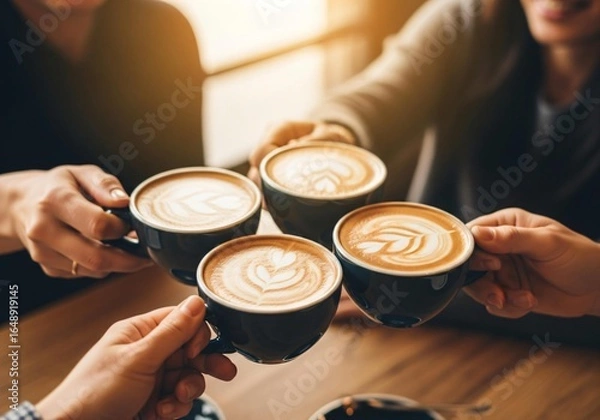 Obraz Friends toasting delicious coffees together warmly