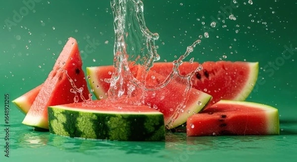 Fototapeta Fresh watermelon slices with water splash on a green background