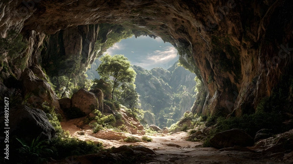 Obraz Spectacular Views and Hidden Mysteries: Exploring the Alluring Depths of a Mysterious Deep Cave Entrance Leading into the Heart of the Earth's Secrets