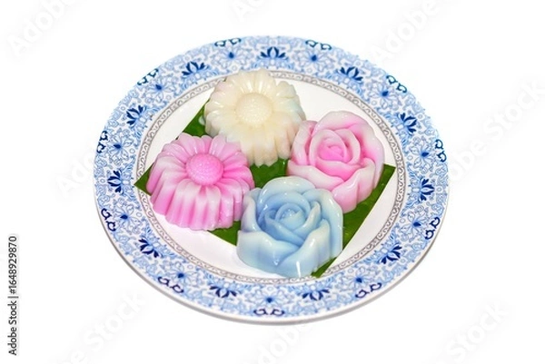 Obraz Thailand dessert with jelly dessert flowers designed serving on dish plates and isolate concept.