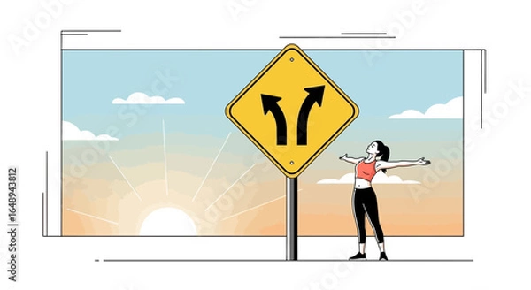 Obraz Choice Crossroads: A Woman Embraces the Path Ahead With Open Arms