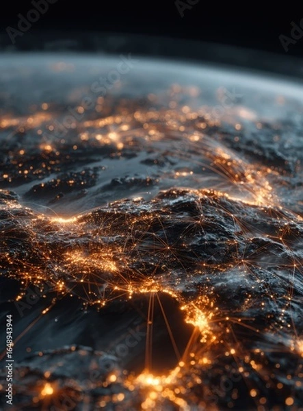 Fototapeta A stunning aerial view of Earth at night, showcasing illuminated cities and vibrant landscapes against a backdrop of stars and the atmosphere.