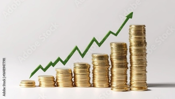 Fototapeta Stacks of gold coins arranged in ascending order, with a green upward trend line superimposed
