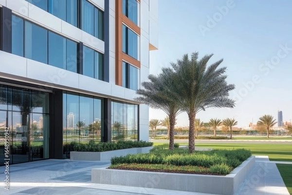 Fototapeta Wide-angle view of office building entrance with modern glass and steel facade large windows overlooking green lawn under clear blue sky