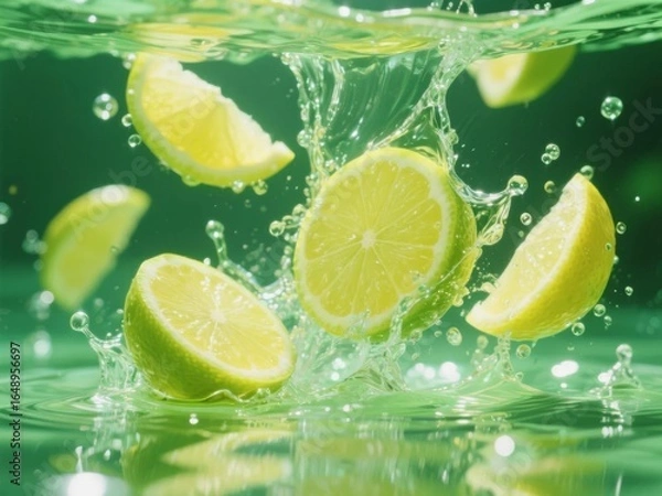 Fototapeta Lime Slices Splashing in Water with Vibrant Green Background
