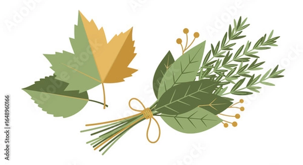 Fototapeta Decorative Autumnal Foliage Arrangement With Maple And Herb Bouquets Isolated