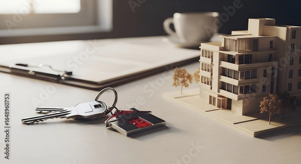 Fototapeta House keys with keychain, documents and modern apartment building model on office desk. Real estate purchase, mortgage agreement, property investment and housing ownership concept.