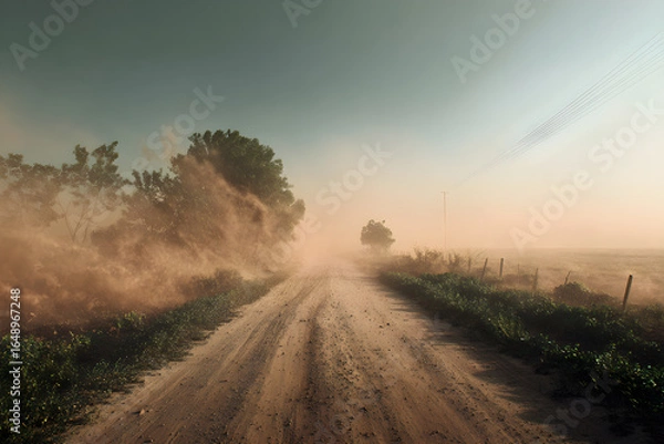 Fototapeta Serene Escape: Discover the Rustic Charm of a Dusty Rural Road - A Journey Through Tranquil Countryside Pathways in Nature's Embrace