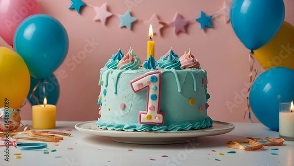 Fototapeta Happy birthday cake with soft pastel frosting and cute decorations large candle shaped like number 1 on to pink background,
