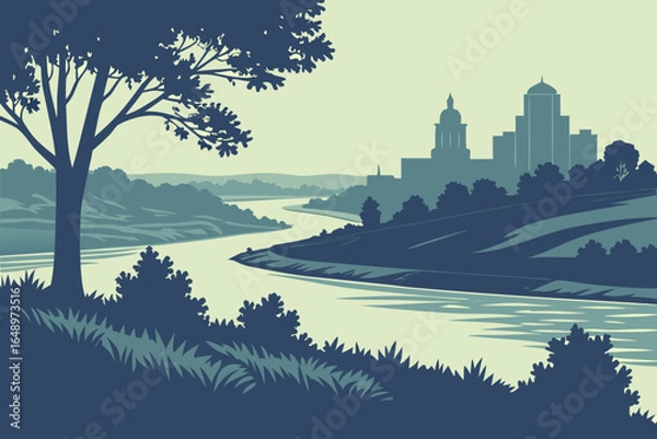 Fototapeta Bismarck skyline at twilight with the Missouri River still and reflective, framed by rolling fields and evening sky gradients, modern flat illustration style.