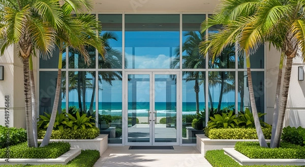 Fototapeta Entrance of luxury modern building with glass facade, palm trees and tropical landscaping facing the ocean. Exclusive real estate, resort lifestyle and elegant seaside architecture.