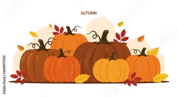 Fototapeta Festive Fall Harvest: Pumpkin Arrangement With Autumn Leaves For Thanksgiving