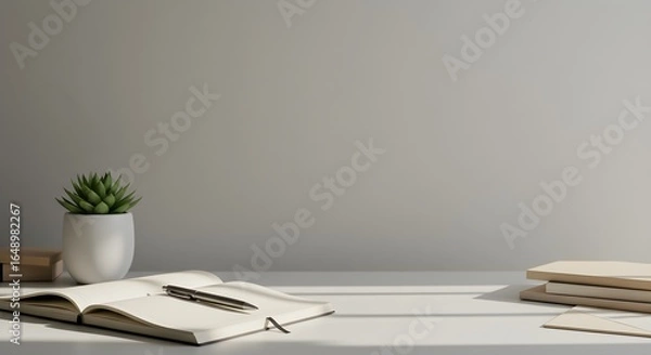 Fototapeta Minimalist workspace scene with open notebook, pen, succulent plant, and stacked books on a light wood desk against a neutral wall.