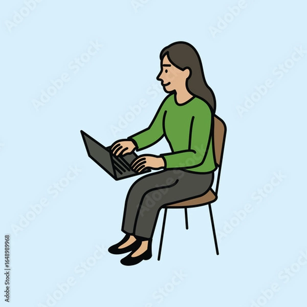 Fototapeta Vector illustration of a woman sitting in a chair typing on a laptop. She's wearing a long-sleeved green top and dark trousers, with black shoes. The illustration uses a simple, flat style