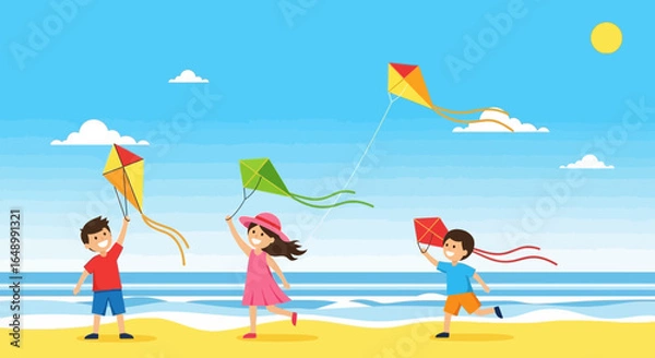 Obraz Happy Children Enjoying Kite Flying Activity on Beach During Summer Vacation