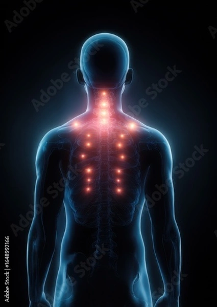 Fototapeta Glowing points highlight the spine and neck area of a human body in a digital health illustration.