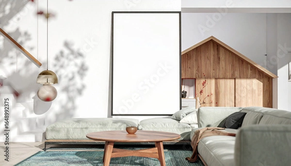 Fototapeta Modern Living Room Poster Frame Mockup with Natural Light and Minimalist Decoration. 3D render.furniture, living room, sofa, chair, comfortable, illustration, modern, apartment, bright, decoration,