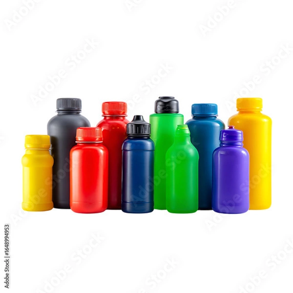 Fototapeta Vibrant collection of colorful plastic bottles, perfect for product showcasing, branding, and creative design concepts.