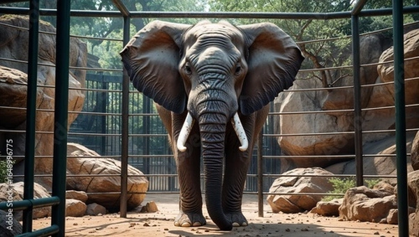 Fototapeta 檻の中で佇むゾウの姿、自然と人工環境の対比を描いたイラスト