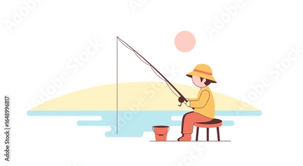 Fototapeta Illustration of a fisherman casting his fishing rod on a sunny day at the beach with a minimalist design perfect for children's books