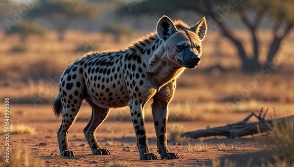 Fototapeta 乾いた荒野に佇むハイエナ、孤高で野生的な雰囲気の動物イラスト