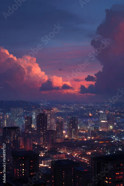 Fototapeta Serene Dusk View of Cityscape Illuminating the Horizon with Soft Twilight Colors Against an Urban Skyline Silhouette, Capturing a Peaceful Evening Ambiance