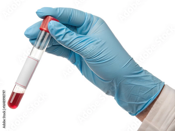 Fototapeta A close-up of a hand wearing a blue medical glove holding a test tube containing a small amount of blood with a red cap, isolated on a white background, used for laboratory testing or medical diagnost