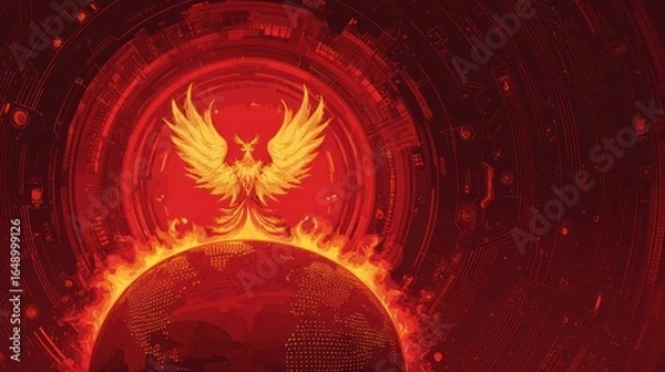 Fototapeta Red phoenix above Earth, surrounded by tech rings, in a stylized design