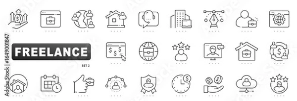 Fototapeta Freelance outline icons for remote work: portfolio, client, contract, payment, schedule, rating, communication, cloud tools. Editable stroke, clean professional design
