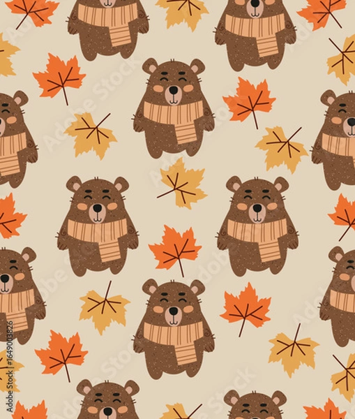 Obraz Autumn bear pattern on a brown background.