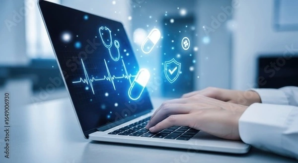 Fototapeta Healthcare professional using laptop with digital health icons representing telehealth and remote patient monitoring for enhanced patient care and data security in modern medicine