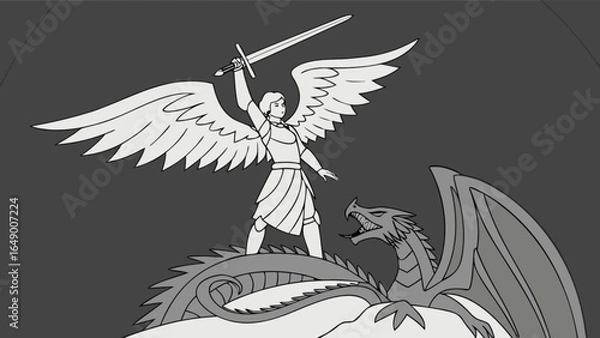 Fototapeta St michael slaying dragon vector illustration, angel warrior with sword, religious artwork design