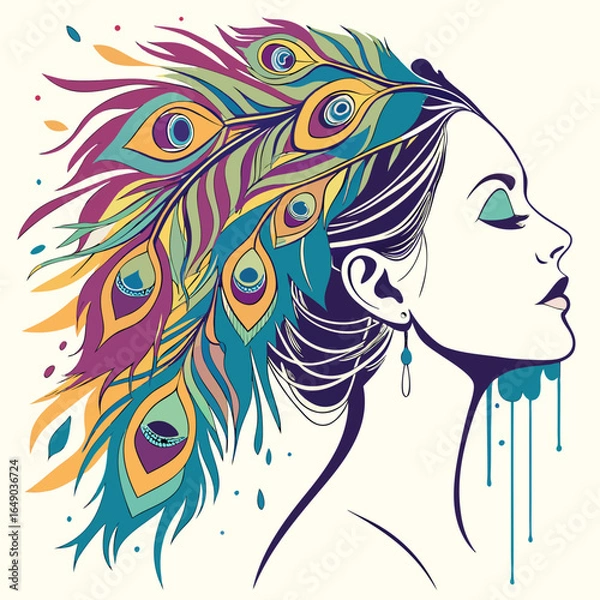 Fototapeta An illustration shows a woman in profile with peacock feathers adorning her hair, against a white background. The image is one of many generative AI images uploaded to Adobe Stock.

