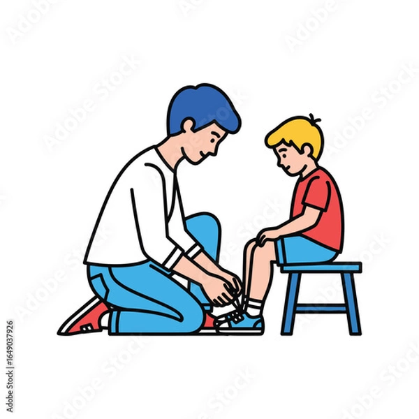 Fototapeta A kind father meticulously ties his son's shoelaces while the boy sits patiently on a stool, illustrating a moment of care and everyday life.