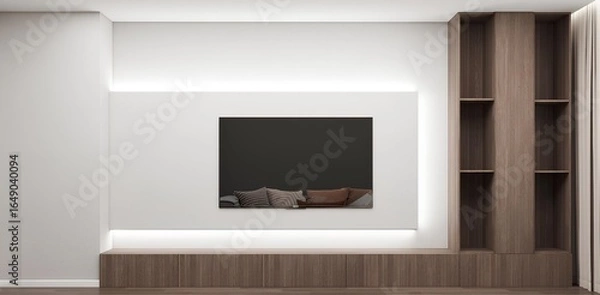 Obraz Minimalist living room design with wall-mounted TV, backlit panel, wooden shelves, and base cabinets, blending modern elegance with warm natural tones