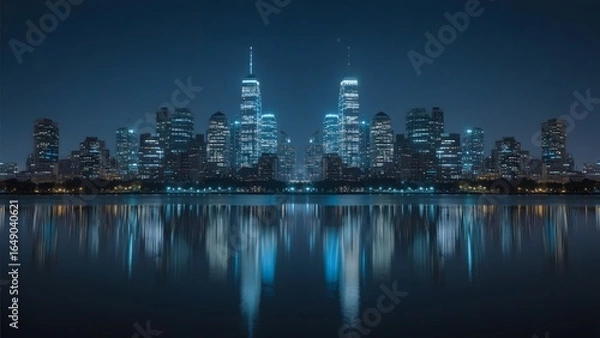 Fototapeta Nighttime cityscape with illuminated skyscrapers reflected in calm water