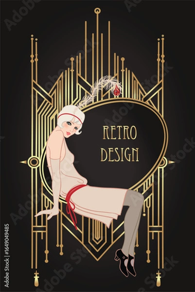 Fototapeta Art Deco vintage invitation template design with illustration of flapper girl over patterns and frames. Retro party background set in1920s style. Vector for glamour event, thematic wedding or jazz