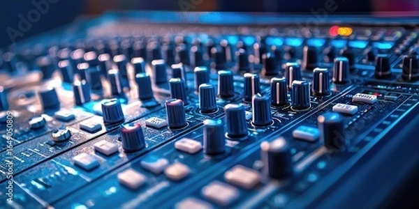 Fototapeta Close-up of podcast audio mixer knobs and sound levels Stock photo