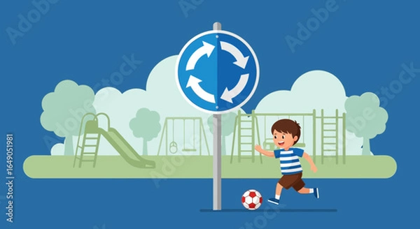 Obraz Playful Scene Boy Enjoys Football Game Near Playground And Roundabout Sign