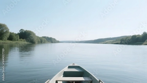 Obraz Rowboat on a Calm Lake with Lush Greenery in the Background