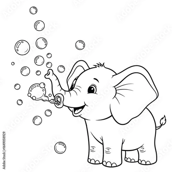 Fototapeta Adorable elephant line art with bubbles perfect for children activity books and educational artwork